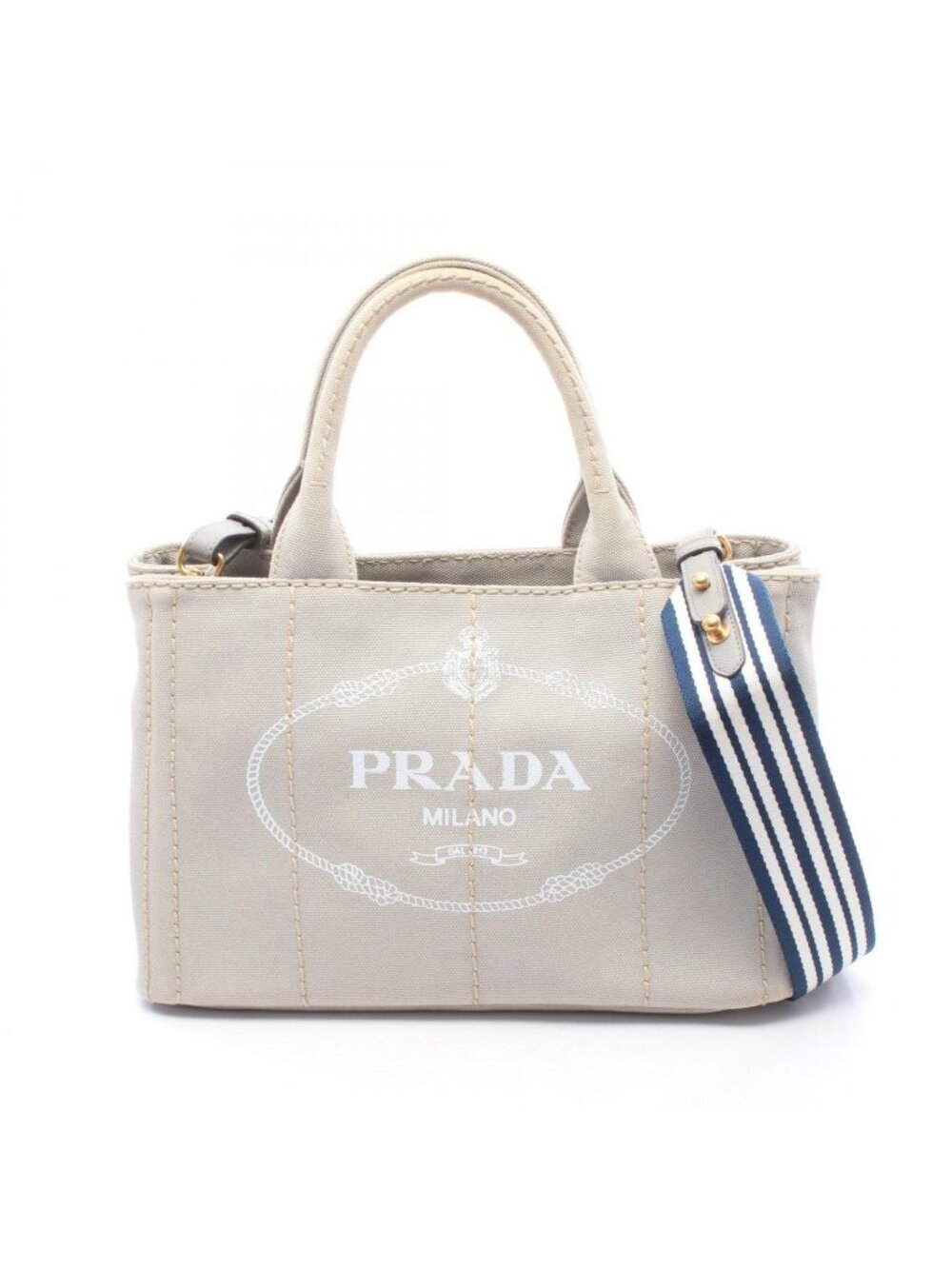 Prada Tote Bag Canapa 2-Way Light Gray White Navy Canvas Mini